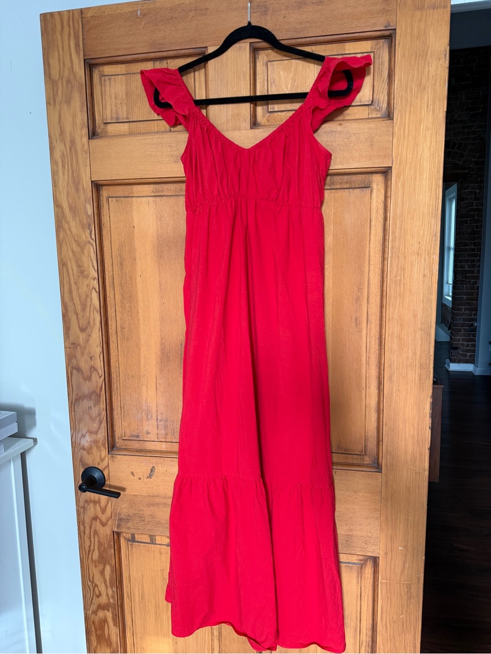 100% Cotton Red Ruffle Trim Maxi Dress